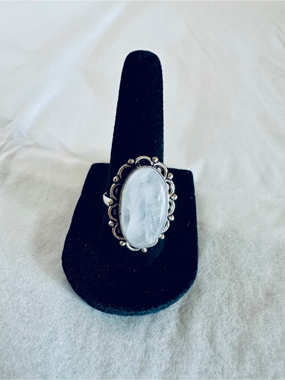 Oval Moonstone Statement Ring Size 8  White & Silver